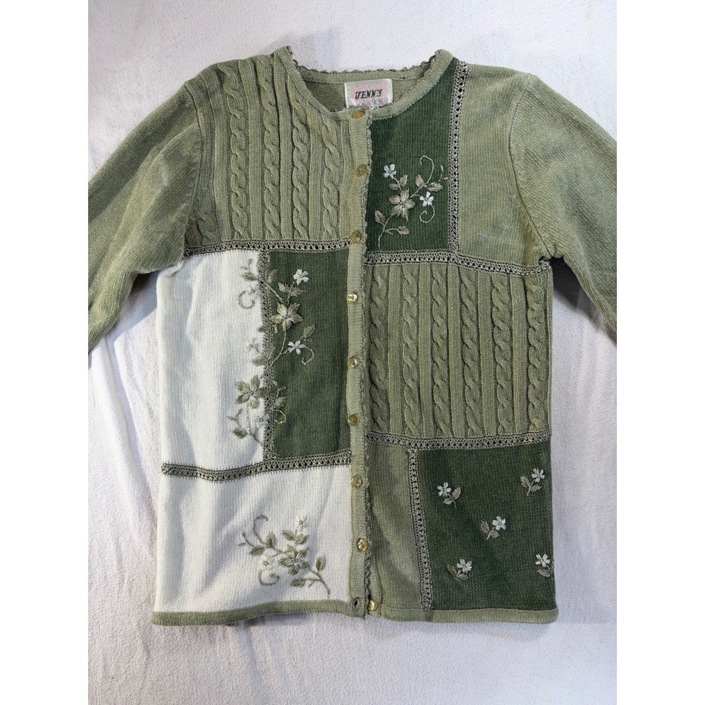 Tenny Vintage Green Patchwork Floral Embroidered Cable Knit Cardigan Sweater M
